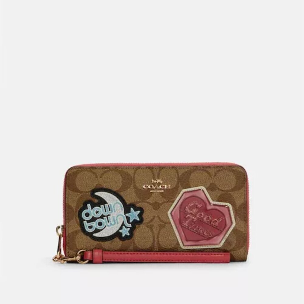 COACH C6995 Long Zip Around Wallet Wristlet Signature Canvas Disco Patches Khaki